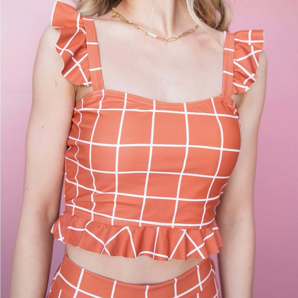 Grid patterned swim crop top